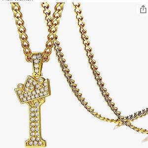 Unisex Crown King Necklace Initial Letter I Gold